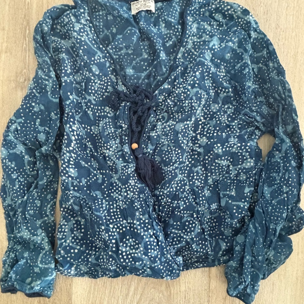 Tree of Life Blue Ruffled Tie Front Blouse